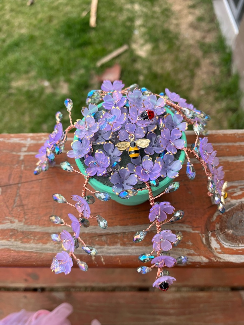 Handmade Purple Beaded Floral Succulent Plant with Bee Charm in Green Pot